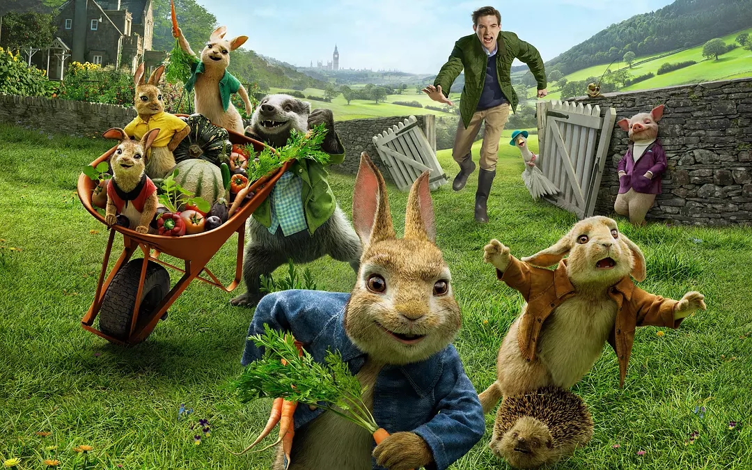 电影《比得兔》剧照,剧中人类与小动物们和谐相处.