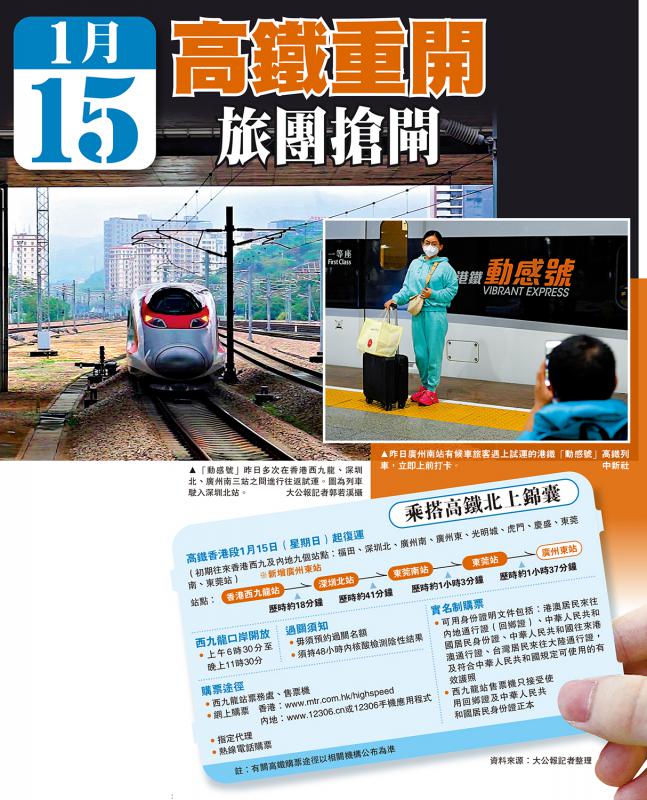 高鐵15日復通車 初期往返廣深港 旅團搶閘