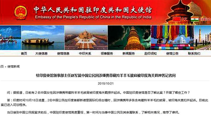 中国游客携藏羚羊毛披肩出境被印羁押中使馆回应