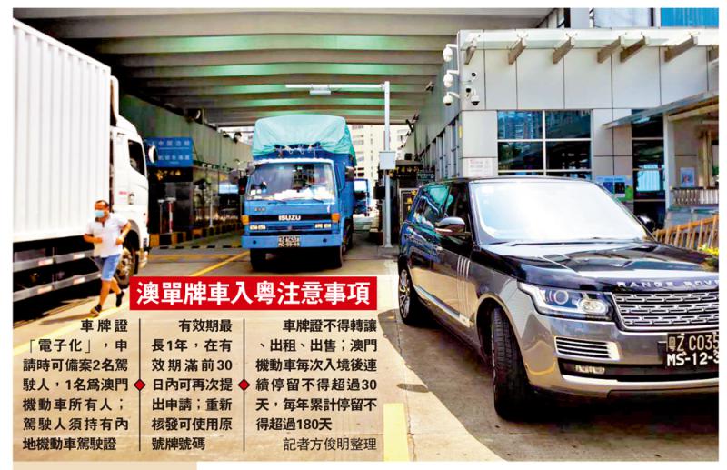 圖:澳門單牌車北上允許駕駛範圍將由目前珠海橫琴擴至整個廣東省