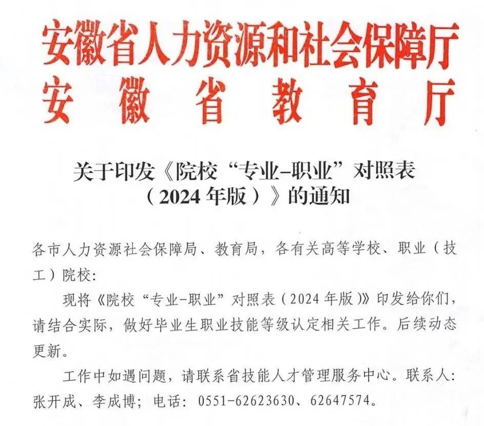 安徽发布职业技能等级评价院校“专业-职业”对照表