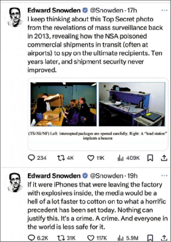?國(guó)際觀察/斯諾登一針見(jiàn)血道出“傳呼機(jī)爆炸案”關(guān)鍵\閔 立