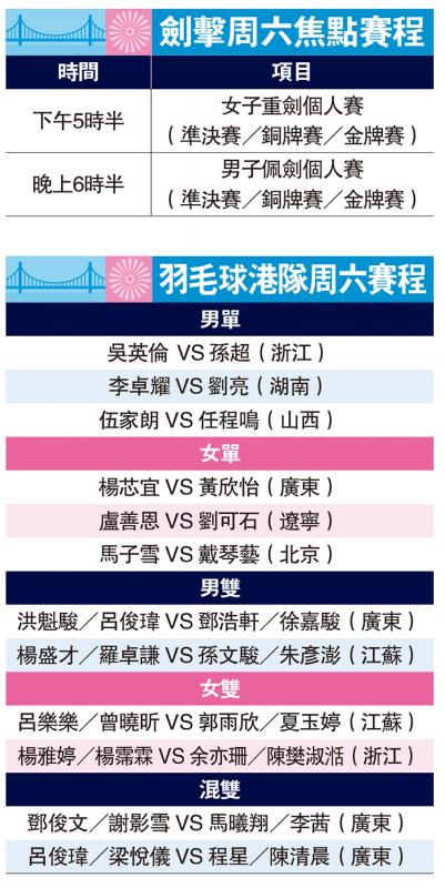﻿剑击周六焦点赛程、羽毛球港队周六赛程